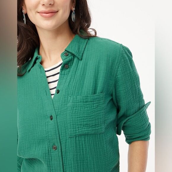 J. Crew Gauze Button Down Long Sleeve Shirt Green(Trellis Vine) Small NWT in pkg - Picture 2 of 6
